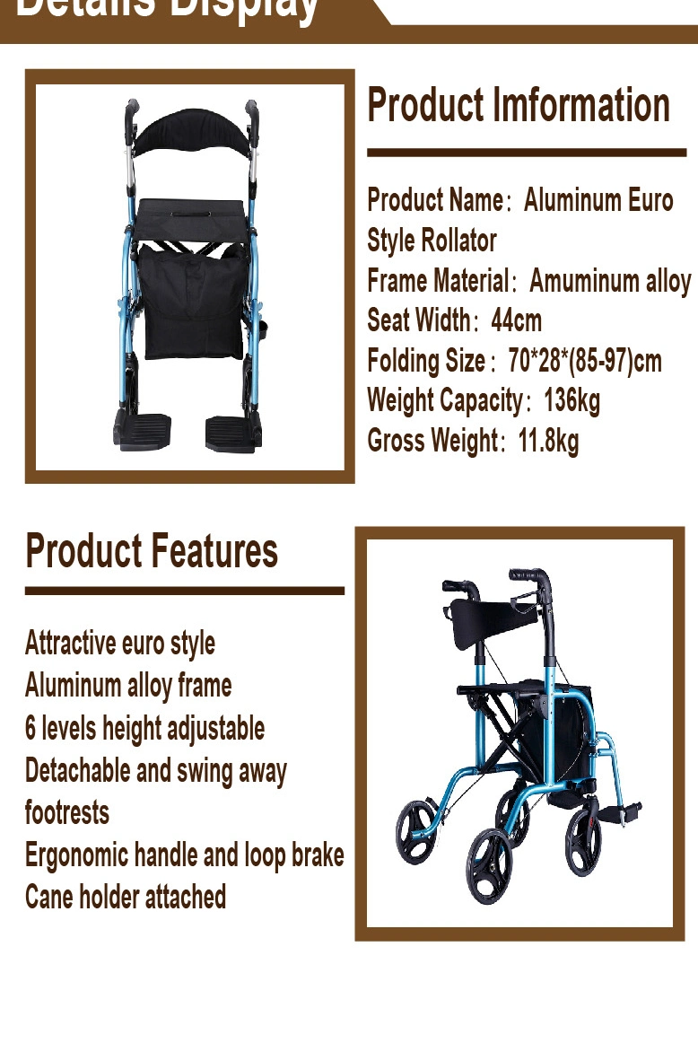 Adjustable aluminum walker rollator/ cane holder attached rollator with seat and footrests